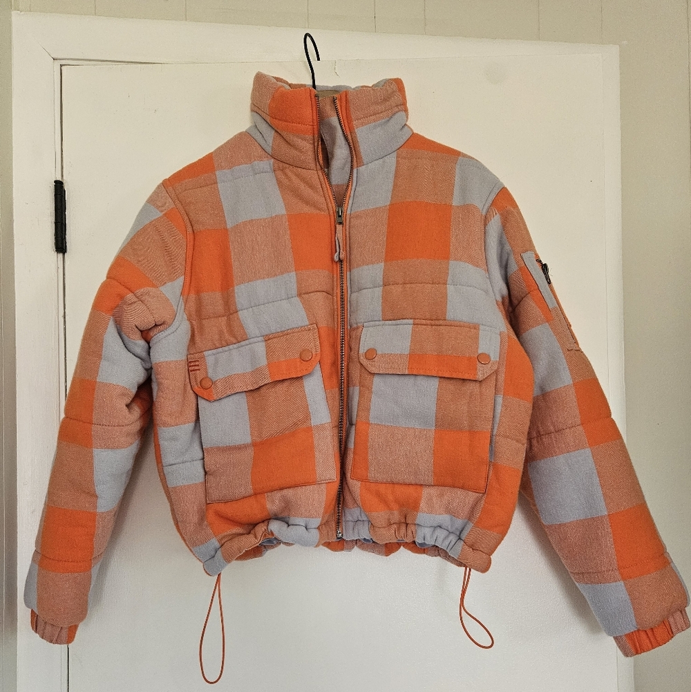 BDG Urban Outfitters  Orange & Light Gray Plaid Puffer Jacket